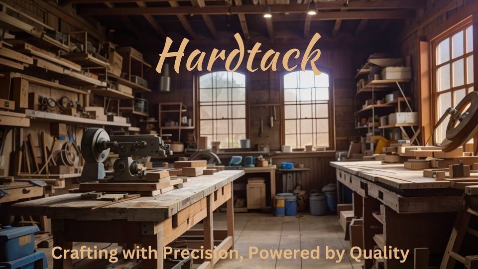 Hardtack banner art — a woodwork shop interior with the Hardtack name and the line &lsquo;Crafting with Precision, Powered by Quality&rsquo;