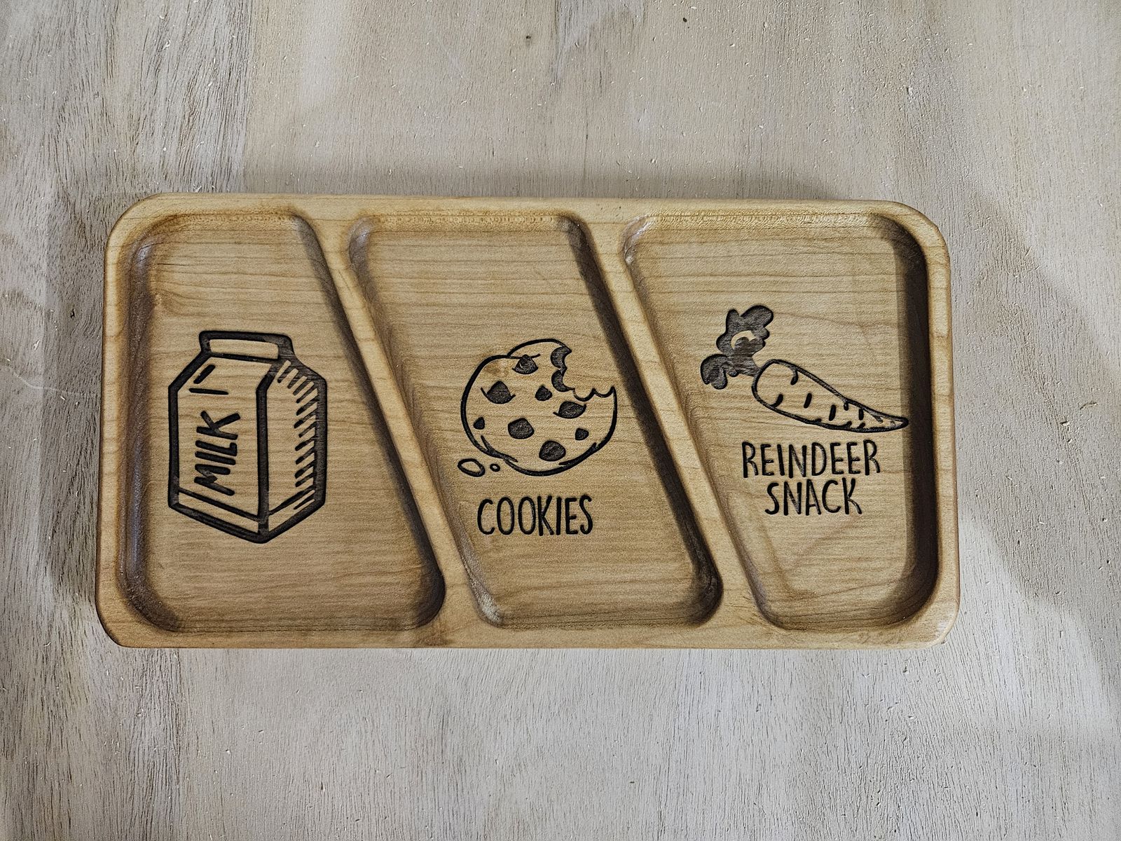 Three-section wooden tray engraved Milk, Cookies and Reindeer Snack